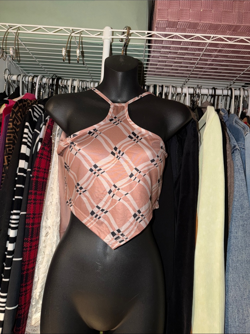SHEIN Pink Plaid Halter Handkerchief Camisole